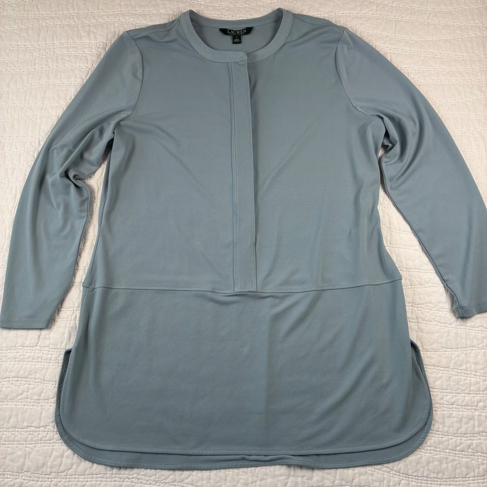 Lauren Ralph Lauren Blue Longline Tunic Top L Hidden Button Crepe Blouse Classic